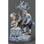 A Meissen group of gardeners, late 19th c, painted in cobalt and tones of blue, the three figures on