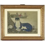 British School, 20th c - The Blue Cat, gouache, light grey paper, 29.5 x 39.5cm