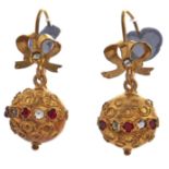 A pair of gem set gold filigree decorated earrings, wire loop, 4.4g Good condition