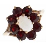 An opal and garnet cluster ring, in 9ct gold, 3g, size O Good condition