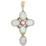 An opal cross, with cultured pearl centre, in 9ct gold, 36mm, 3g Good condition