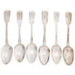 Five silver dessert spoons, George IV - early Victorian, Fiddle pattern, various maker's, London and