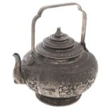 A Chinese silver repousse tea kettle and cover, Canton or Hong Kong, mid 19th c, finely chased with