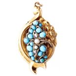 A Victorian split pearl and turquoise pendant, in gold, adapted from another article, 2.4g