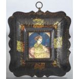 Indian School - A miniature of a maharaja holding a flower, 65 x 50mm, in Victorian gilt papier