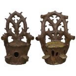 A pair of Scottish Victorian rustic saltglazed brown fireclay garden chairs, late 19th c, the arms
