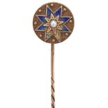 A Victorian gold stickpin, with split pearl and blue enamel star terminal, 3.6g Good quality, blue