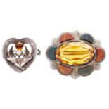 Two silver Scottish hardstone and citrine brooches, one Victorian, the other Chester 1923