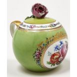 A Meissen lime green ground handled globular bowl and cover, Marcolini period, c1810, painted to the