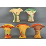 Five Myott, Son & Co and other similar Staffordshire earthenware 'hat' vases, 1930's, boldly painted