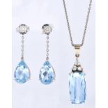 An aquamarine and diamond pendant and pair of earrings, c2000, in platinum with platinum necklet,