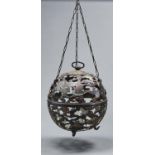 A Japanese bronze and champleve enamel dragon globe hanging candle lamp, c1920, with shoulder