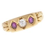 A Victorian ruby and white stone ring, gypsy set in 18ct gold, Birmingham 1888, 3.7g, size M½