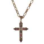 A ruby and sapphire cross, in 9ct gold and a gold necklace, marked 375, 5.1g (2) Good condition