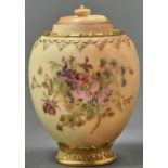 A Royal Worcester Rose Jar and inner cover, 1913,  printed and painted with flowers on a shaded