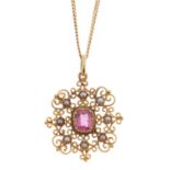 A pink tourmaline and pearl pendant, late 19th c, in gold, with larger central cushion shaped