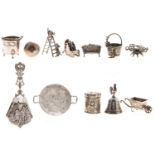 A German miniature silver model of a bell with cockerel handle, 51mm h, bearing pseudo marks, import