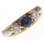 A three stone sapphire and diamond ring, in 18ct gold, 4g, size L Good condition