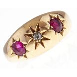 A diamond and synthetic ruby ring, gypsy set in 18ct gold, Chester 1913, 3.5g, size J Wear