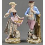 A pair of Meissen figures of a piping huntsman and shepherdess, late 19th c, 16cm h, impressed