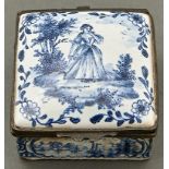 A Continental tinglazed earthenware square box, c1900, painted in 18th c Dutch style silvered