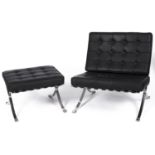 Ludwig Mies Van Der Rohe - a reproduction Barcelona lounge chair and foot stool in buttoned black