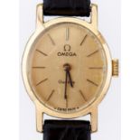 An Omega oval gold plated lady's wristwatch, 20 x 23mm, leather strap, maker's buckle Working but