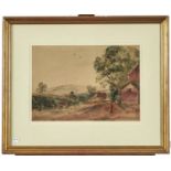 Peter De Wint OWS (1784-1849) - Farm Buildings and a Cart in a Mountainous Landscape, watercolour,