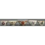 Five various Chinese famille rose and other tea bowls, Qing dynasty, 18th and 19th c, the smallest