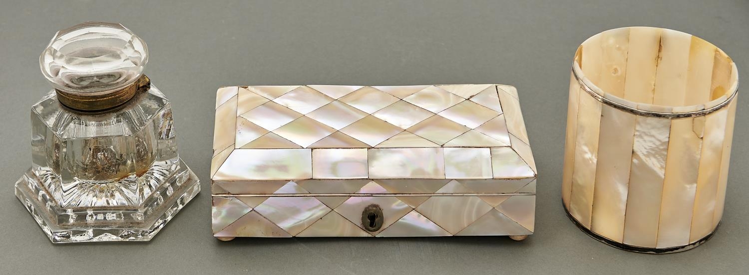 A Victorian mother of pearl box, on vegetable ivory feet, 15cm l, a Victorian hexagonal moulded