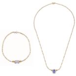A tanzanite and diamond necklet and matching bracelet,  in two colour gold, necklet 45cm l, marked