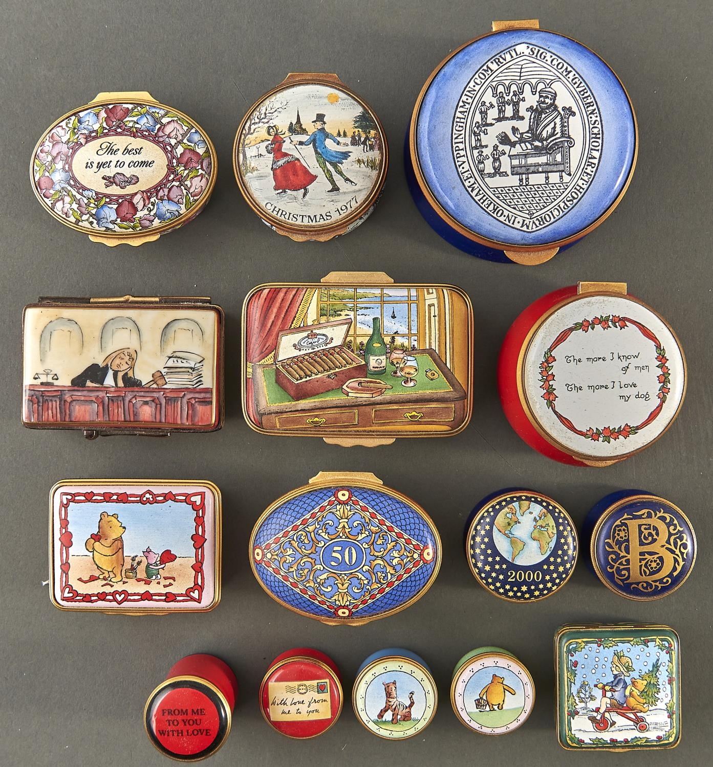 Fifteen Halcyon days and similar enamel boxes, 20th / 21st c, 63mm and smaller Good condition