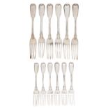 A set of six William IV silver dessert forks and a composed set of six matching table forks,