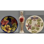 A Moorcroft Hibiscus bowl, Columbine plate and Poppy vase, c1970 and later, vase 32cm h, impressed