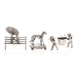 A Continental miniature silver model of a greyhound,  36mm h, import marked, Singleton, Benda & Co
