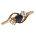 A sapphire and diamond crossover ring,  in 18ct gold, Chester 1912, 2.5g, size L½ Good condition