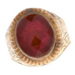 A synthetic ruby ring, engraved and fluted gold band, 6.5g, size K½ Light wear only