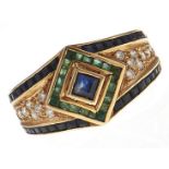 A Portuguese diamond, sapphire and emerald ring, in gold, maker's mark, control mark for 18ct, 8.1g,