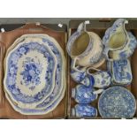 Two late 19th c Spode of blue and white meat plates, transfer printed with summer blooms within