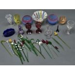 A collection of miniature coloured glass articles, late 19th c and later, including lampwork,