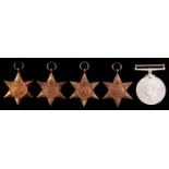 WWII, five, 1939-1945 Star, Africa Star, Italy Star, France and Germany Star and War Medal, card box
