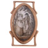 An English bright cut gold mourning locket, c1780, with ivory miniature of a couple painted en