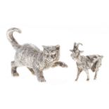 A miniature silver model of a cat, 45mm l, import marked, C M & J S, London 1974 and a smaller