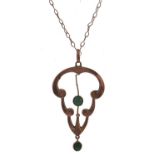 An art nouveau turquoise pendant, early 20th c, in gold openwork, indistinctly marked, on gold