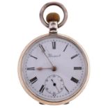 An English silver keyless lever watch, Prescot,  with three quarter plate Vigil movement signed