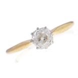 A diamond solitaire ring, the cushion shaped old cut diamond weighing approximately 0.5ct, gold