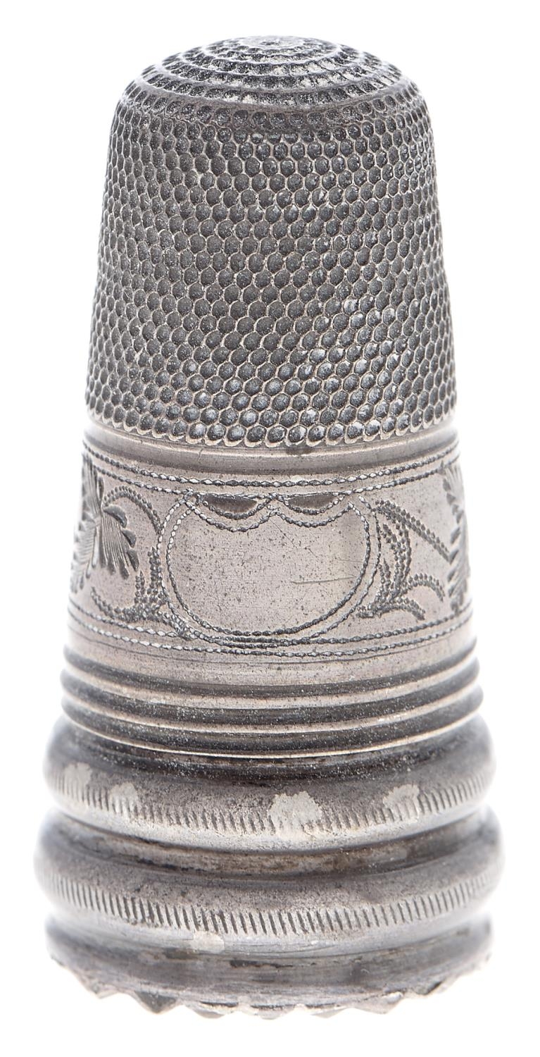 A Victorian silver thimble novelty scent bottle, 36mm h, unmarked Good condition save for the loss