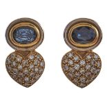 A pair of Portuguese sapphire and diamond earrings, pave set in gold, control marks, 9g Good