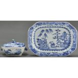 A Japanese export blue and white dish and tureen and cover, late 18th c, painted with landscape