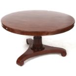 A Victorian mahogany breakfast table on reeded pillar and platform, 129cm diam Top re-polished